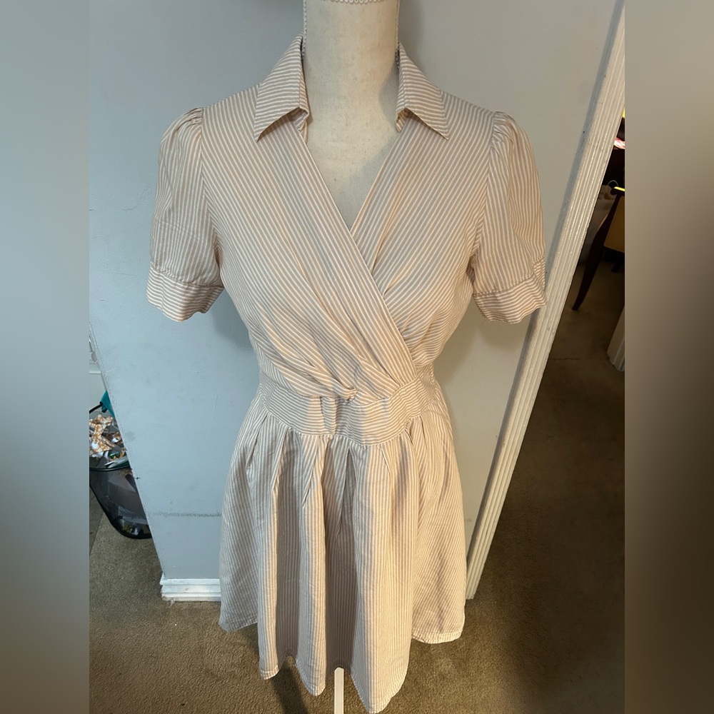 Striped Short Sleeve Faux Wrap Dress